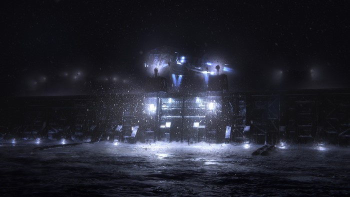 Sci-fi structure with bright lights in a snowstorm