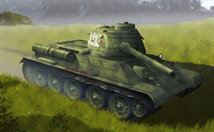 Painting of a Soviet T-34 tank in a field