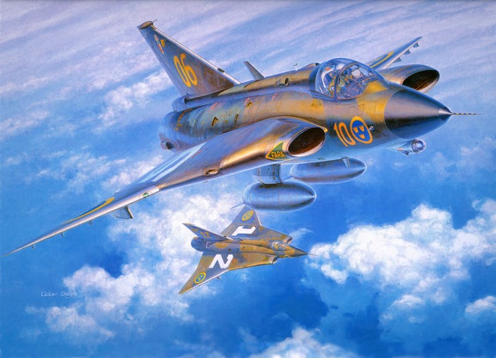 J35F-J Draken fighter jets in flight