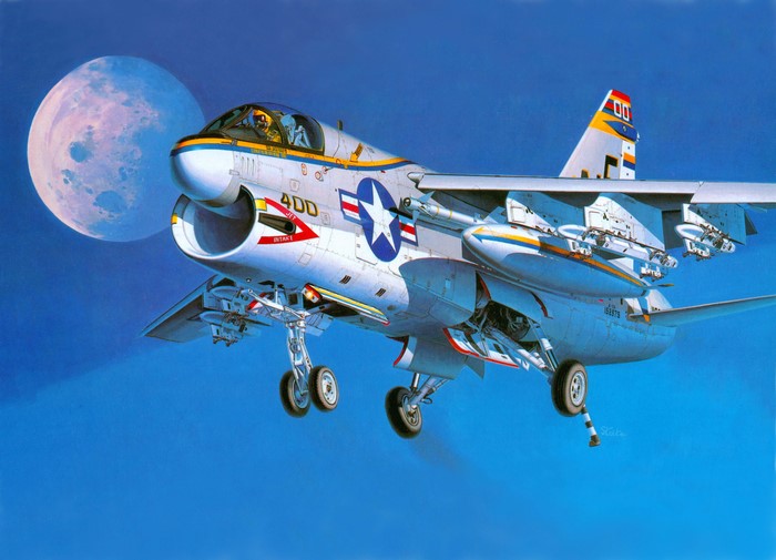 A-7A Corsair II Airplane with Moon