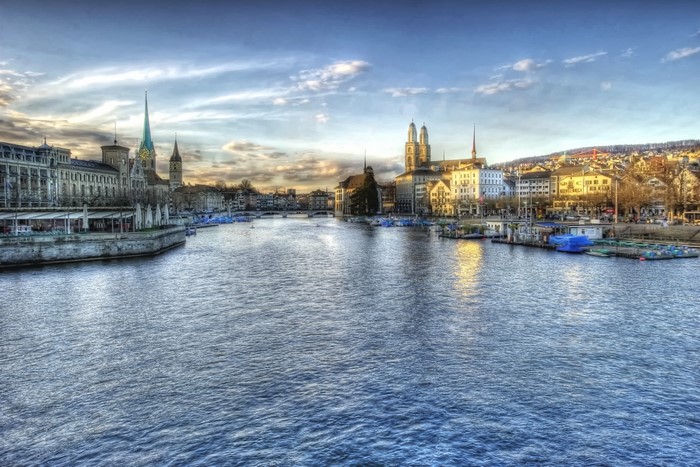 Zurich, Switzerland cityscape with river and churches