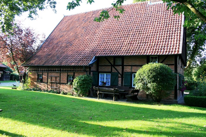 Half-timbered house with red tile roof in Germany