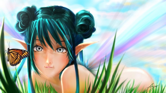 Fairy with butterfly in grass