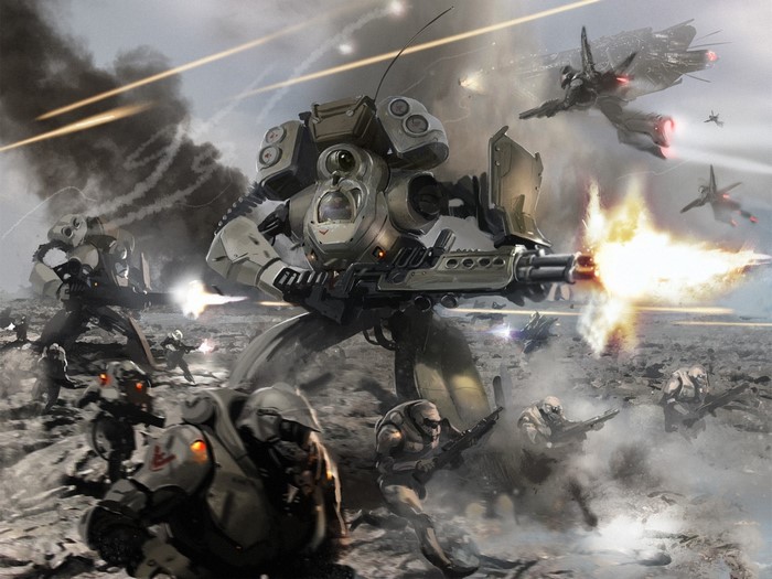 Mechs and soldiers in a futuristic battle