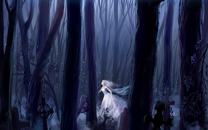 Ghostly bride in a dark forest cemetery
