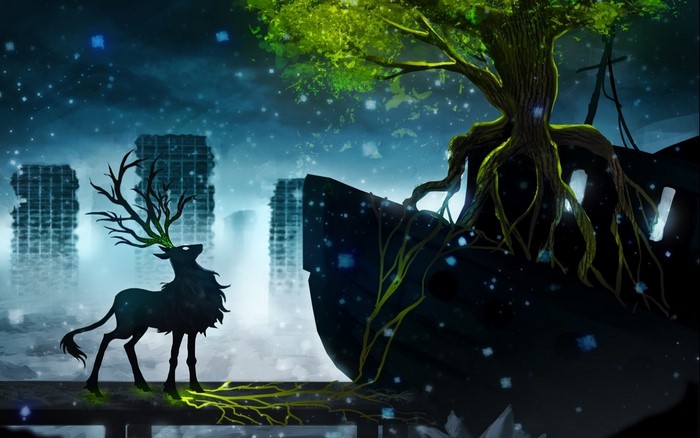Deer with glowing antlers in a ruined city with a tree