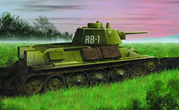 Painting of a green tank with RB-1 markings