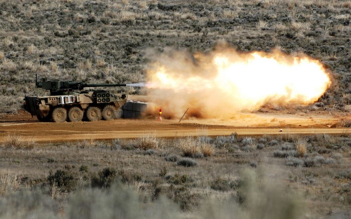 Stryker Armored Vehicle firing a projectile
