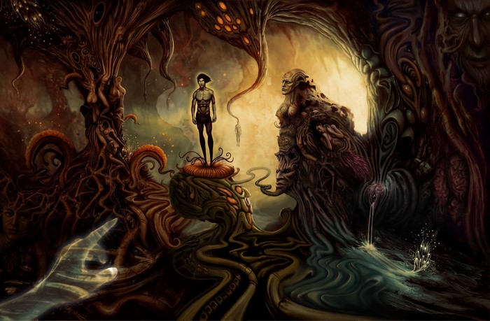 Surreal landscape with a man and monstrous figures