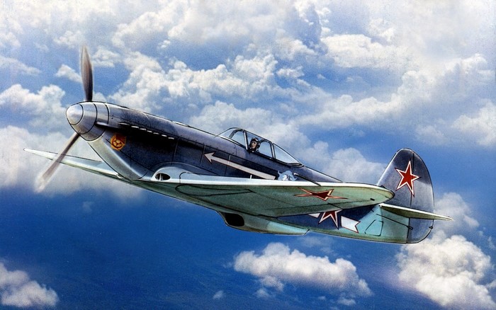 Painting of a Soviet Lavochkin La-7 fighter plane in flight