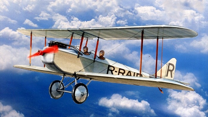 Painting of a biplane in the sky
