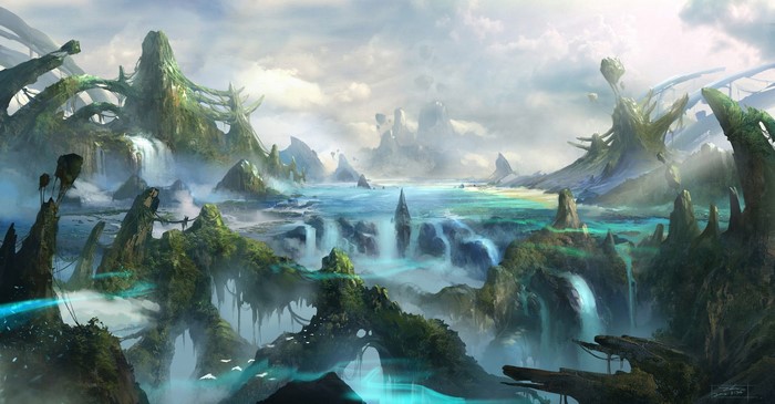 Alien landscape with waterfalls and strange rock formations