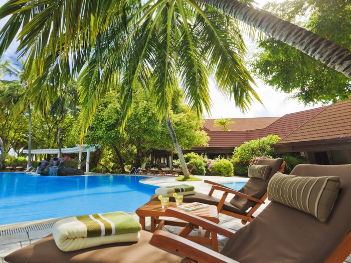 Resort pool with palm trees and lounge chairs in Maldives