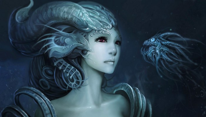 Ethereal woman with dragon-like headdress and spectral creature