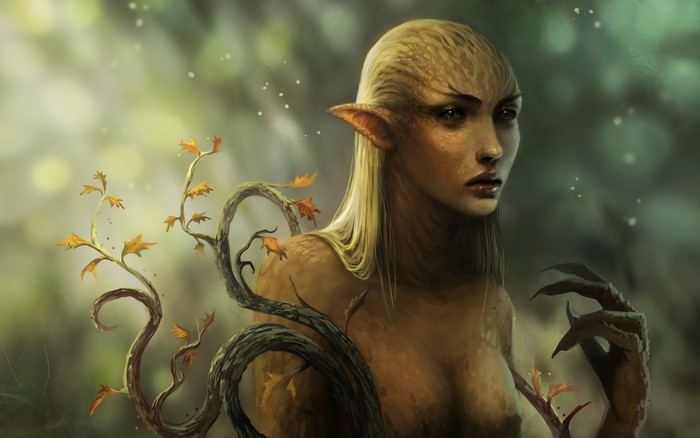 A dryad with pointed ears and scaly skin