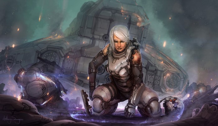 Female warrior in damaged armor kneeling in wreckage
