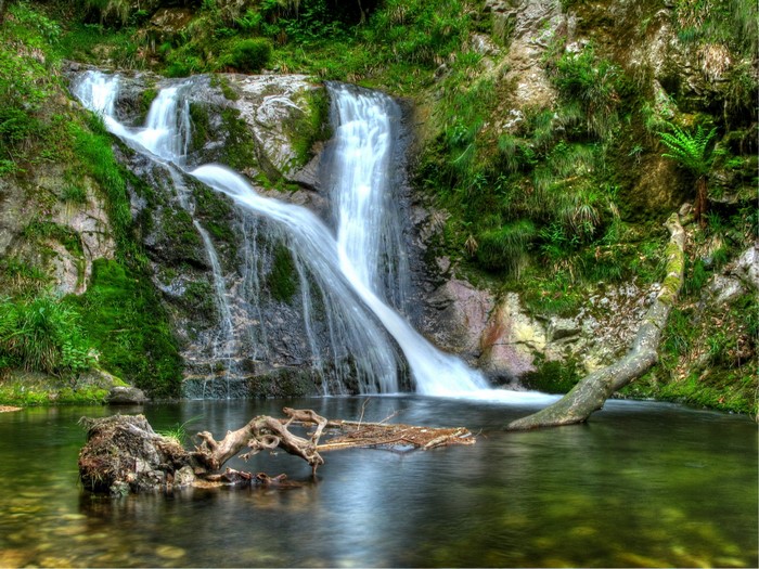 Waterfall cascading over mossy rocks into a pool