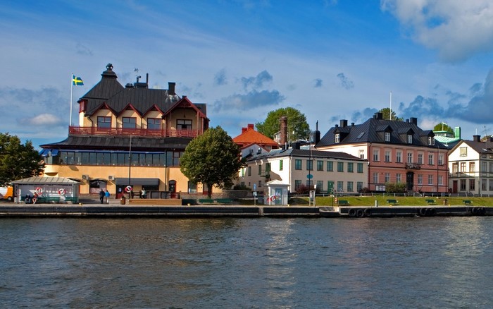 Buildings along the water in Vaxholm, Sweden