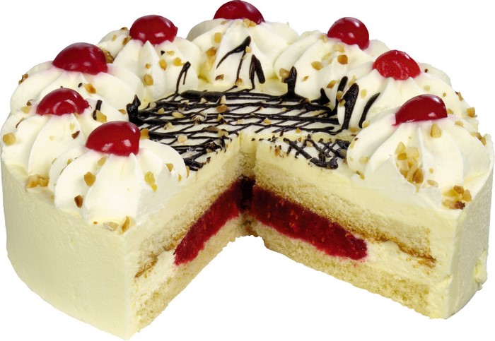 Cream cake with cherries and chocolate drizzle