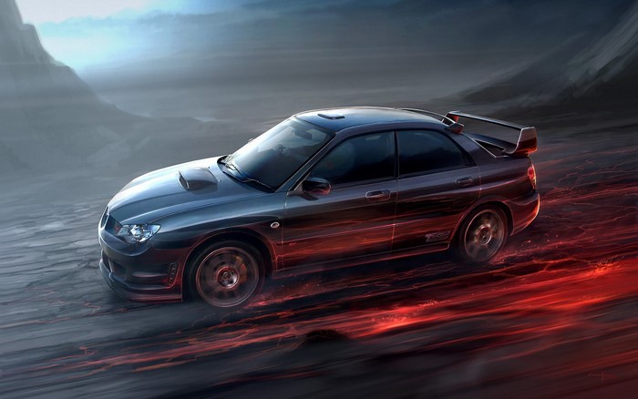 Dark Subaru Impreza WRX STI driving on a fiery road