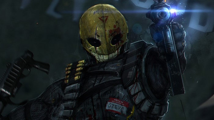 Warrior with a smiley mask and guns