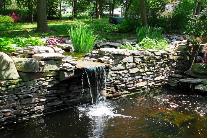 Stone waterfall in a garden pond with plants