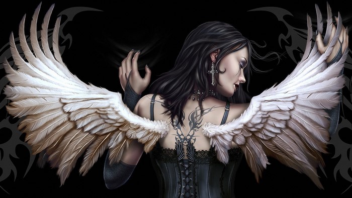 Gothic angel with white wings and black tattoo