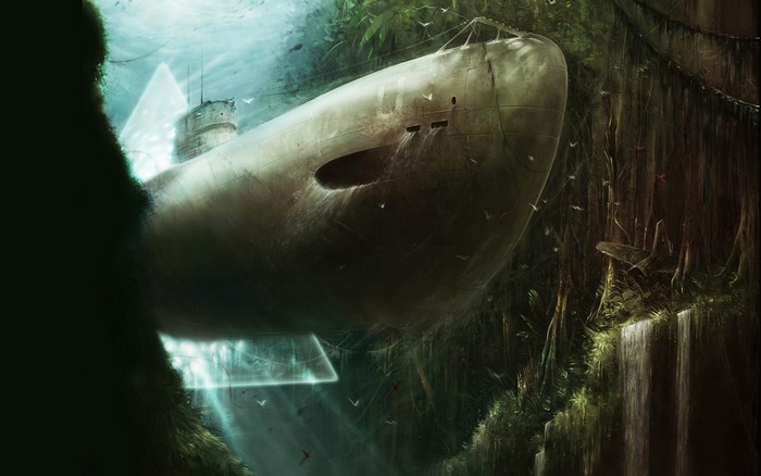 Submarine in a jungle river with waterfalls
