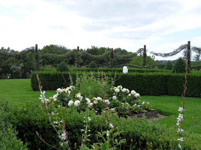 Formal garden with manicured hedges and white flowers