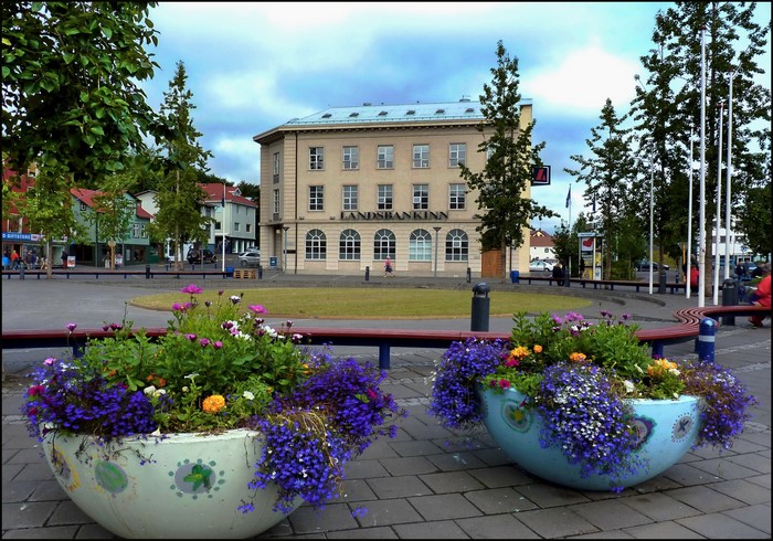 Landsbankinn building in Iceland with flower planters