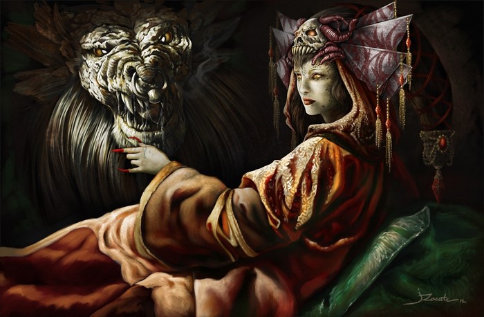 Demonic woman with a beast
