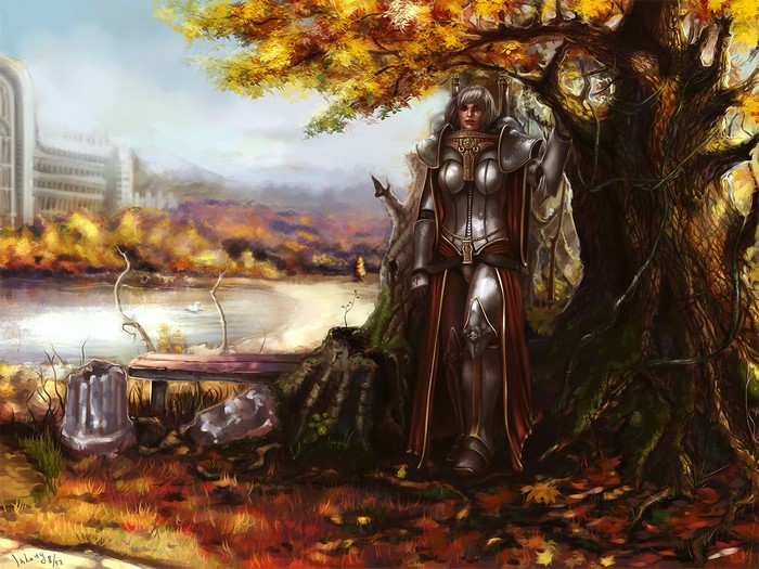 Warrior in armor by a tree in autumn