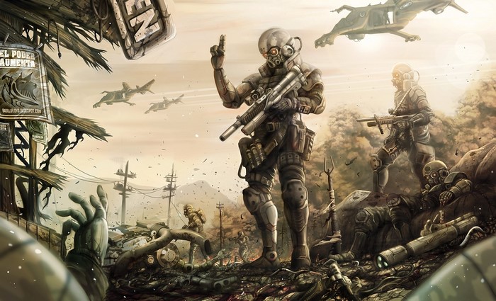 Post-apocalyptic soldiers with futuristic weapons and vehicles
