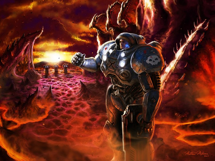 Marine from StarCraft in a hellish landscape