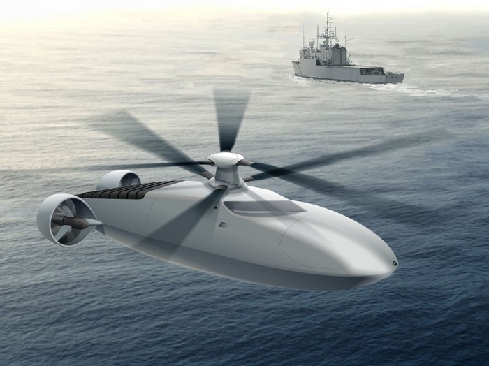 Unmanned helicopter flying over the ocean near a ship
