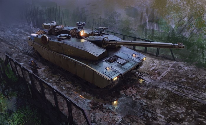 Tank and soldier on a muddy bridge