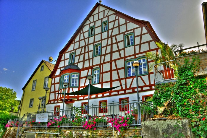 Half-timbered houses in Germany with flowers