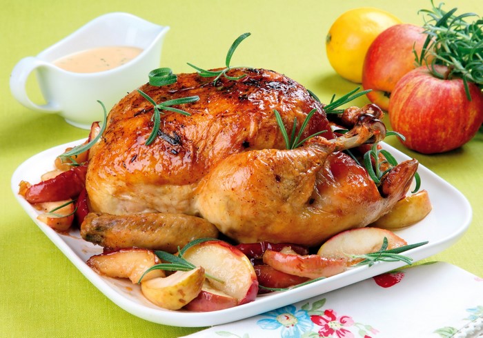 Roast chicken with apples and rosemary