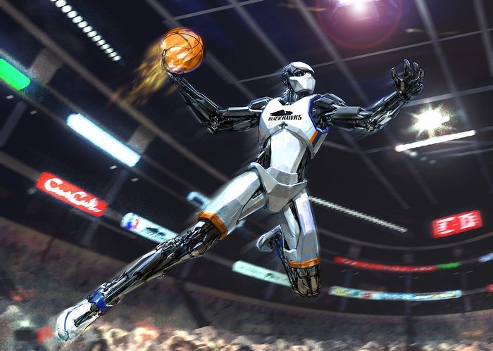 Robot basketball player performing a dunk