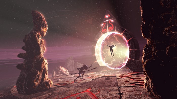 Alien figures and portal in a rocky alien landscape
