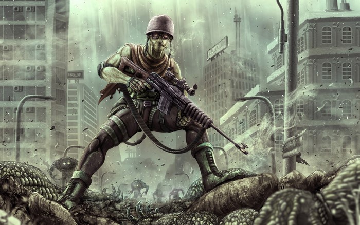 Mutant soldier with sniper rifle in ruined city