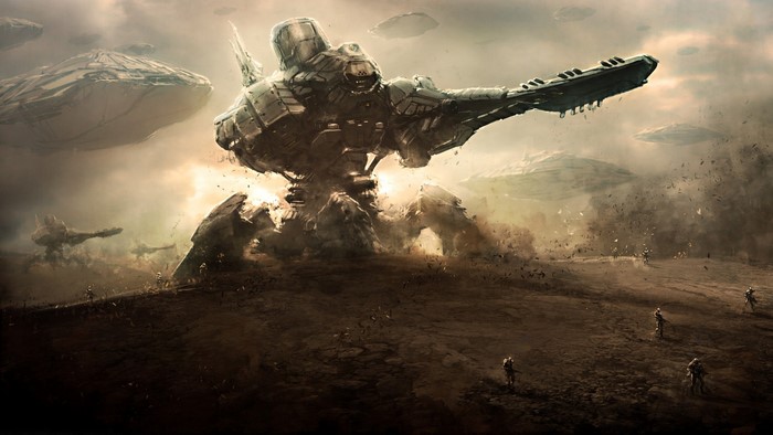 Giant mech and alien ships in a warzone