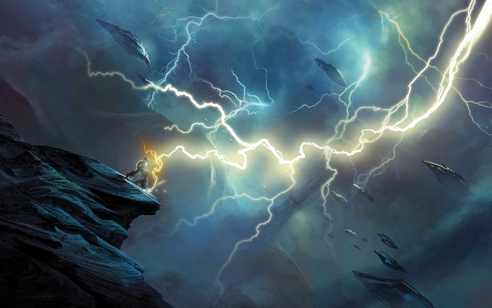 Figure on cliff channeling lightning amidst flying ships