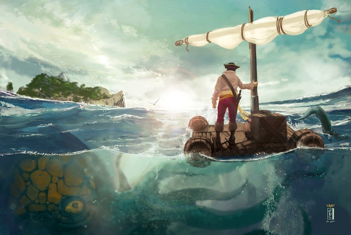 Pirate on a raft attacked by a kraken near an island
