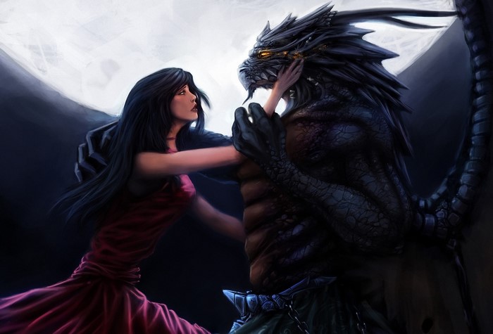 Woman and Dragon in Moonlight