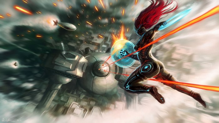 Sci-fi warrior with energy swords and shield battles a futuristic structure
