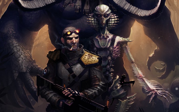 Man with goggles and alien warrior with monster