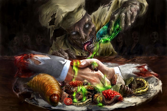 Zombie chef pouring green liquid on a plate of food