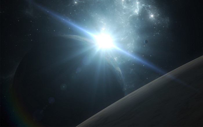 Planets and stars in deep space with bright sun flare