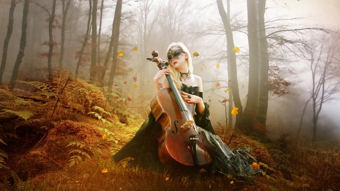 Woman in mask with cello in foggy forest